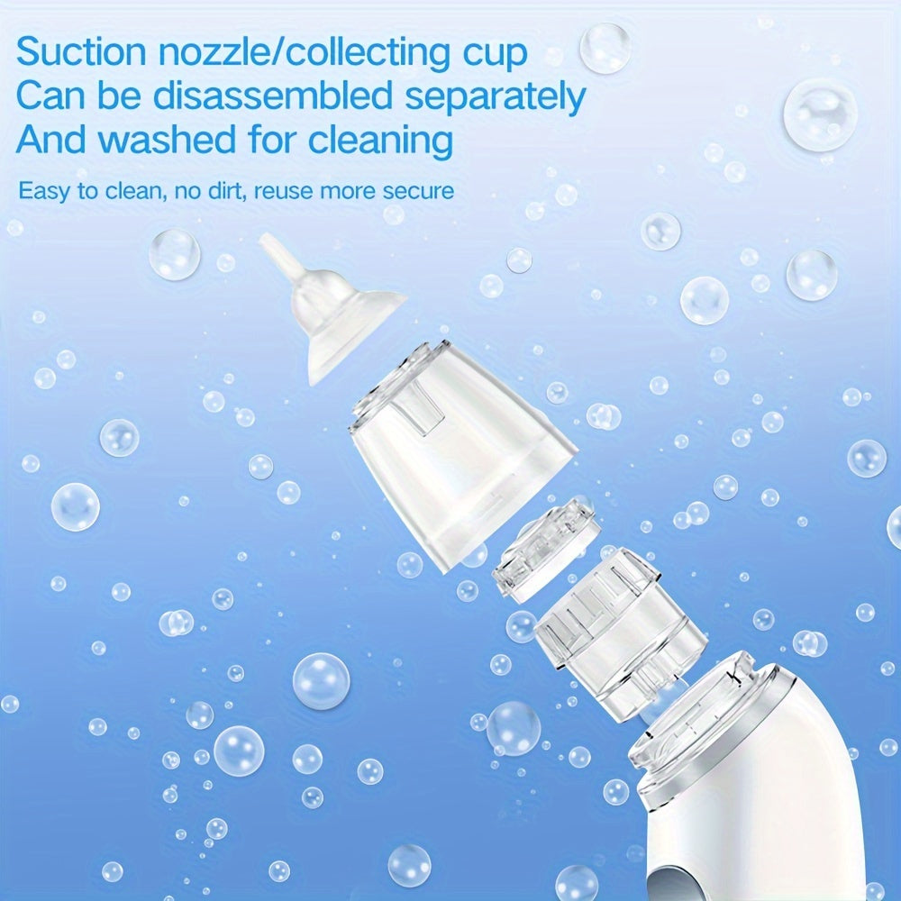 Electric nose suction device with music and lighting features, three adjustable suction levels, and interchangeable suction heads.