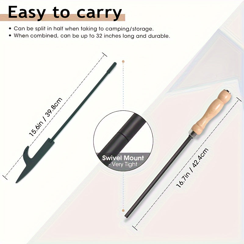 Easily Portable Fire Pit Poker Stick with Swivel Mount, Detachable Campfire Tools, and Wooden Handle for Convenient Use. Durable Fireplace Tongs for Outdoor Camping and Indoor Hearth, Simple to Carry and Assemble.