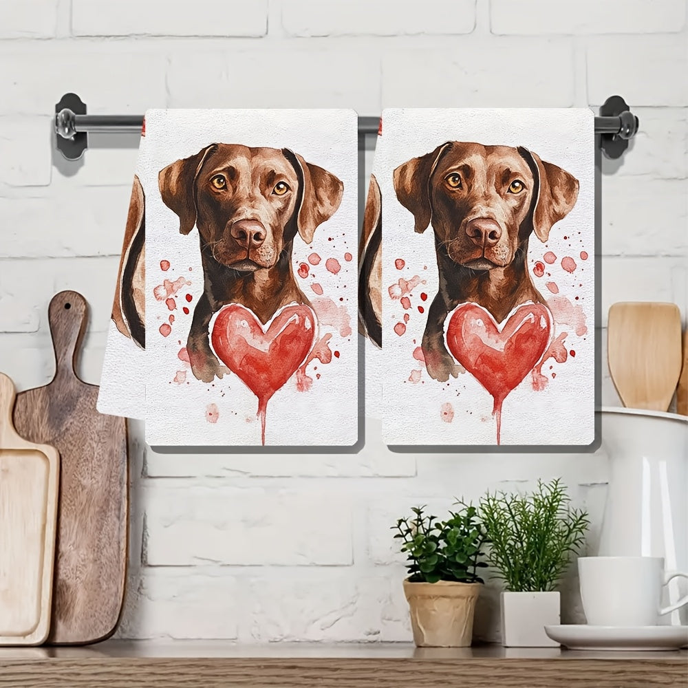 This set includes two ultra-soft kitchen towels with charming dog art perfect for Valentine's Day. They are highly absorbent and great for holiday decoration. These machine washable towels measure 40.64X60.96 cm.