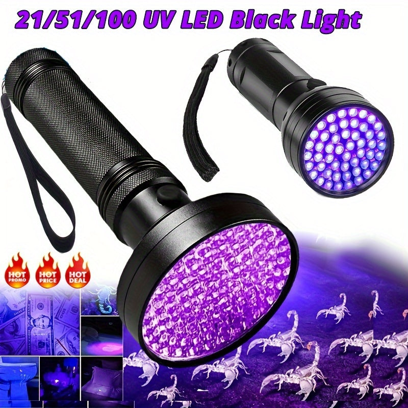 UV Blacklight Flashlight with Super Bright Ultraviolet LEDs, Metal Material with Switch Control, Battery Powered - Ideal for Scorpion Hunting, Pet Urine Detection - Available in 21, 51, or 100 LEDs, UV395nm.