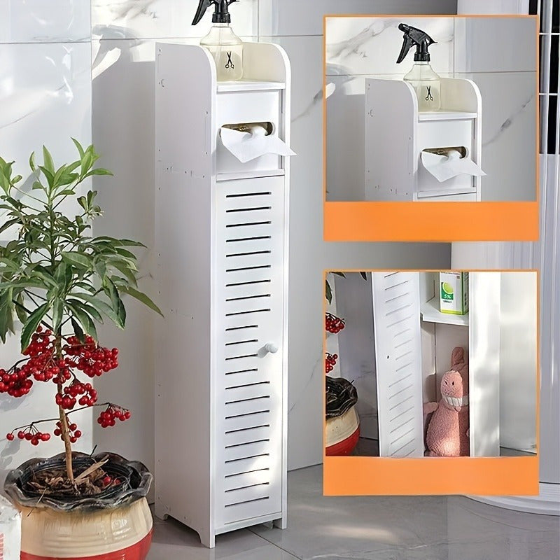 3-tier bathroom storage cabinet with drawers and toilet paper holder. 59.0 cm tall, freestanding, no power needed.