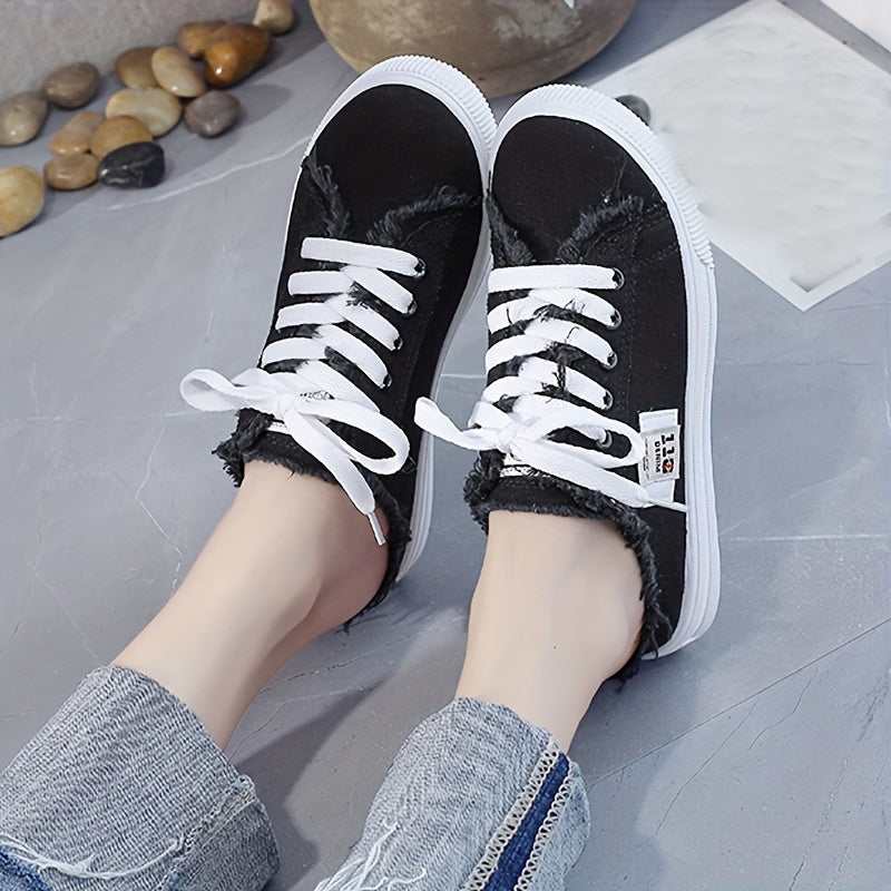 Fashionable solid color platform canvas shoes with a round toe, lace-up design, and breathable slip-on feature, ideal for casual summer wear.