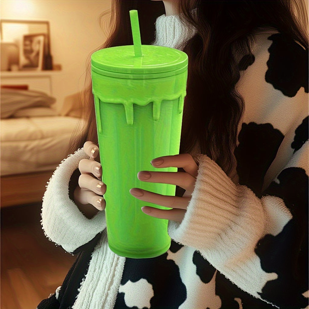 24oz Glow-in-the-Dark Reusable Tumbler with Lid & Straw, Double Wall Insulated BPA-Free Plastic, Vibrant Green for Cold Drinks, Gifts, Travel, and Recyclable.