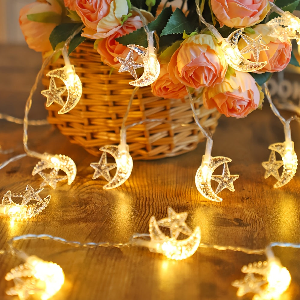 LED string lights with classic star and moon design, battery operated for indoor decor, ideal for bedrooms, walls, Ramadan, Eid, weddings, and parties.