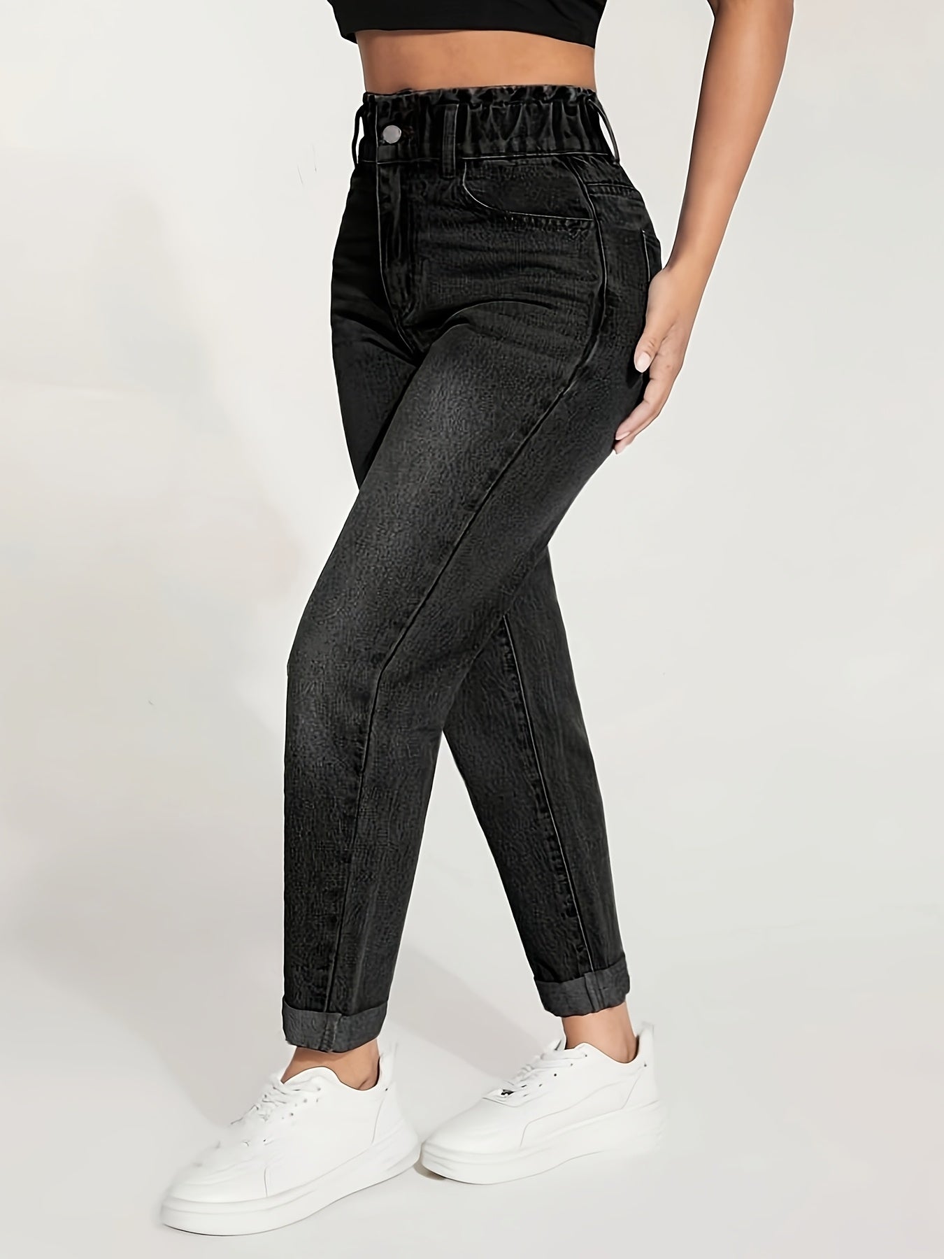 Stretch denim jeans for women with elastic waistband, butt lifting, comfort fit, and machine washable.