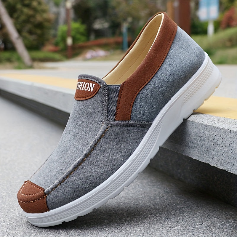 Men's slip-on casual sports sneakers with solid color, lightweight fabric upper, non-slip sole, and breathable insole for outdoor running and daily wear in spring and fall.