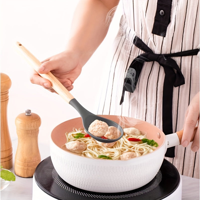 A bundle of 12 high-quality kitchen utensils with wooden handles and heat-resistant silicone heads, including cooking spatulas and spoons. Comes with a convenient storage bucket for easy organization. Built to last and suitable for any cooking task.