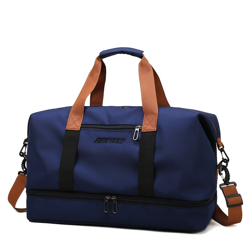 Spacious travel duffel bag with lightweight design, featuring durable zippers. Ideal for yoga, outdoor activities, and training.