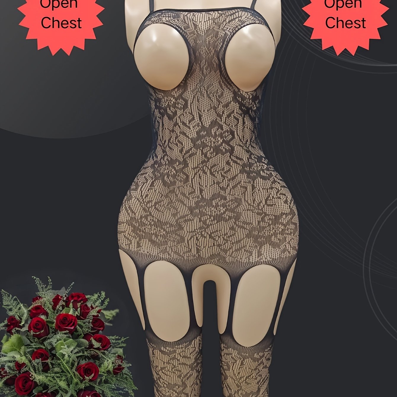 1pc sexy jacquard sheer bodysuit for women made of 95% polyamide and 5% elastane. Knit fabric, light support, no chest pad. Adult fishnet lingerie with shoulder straps and open crotch