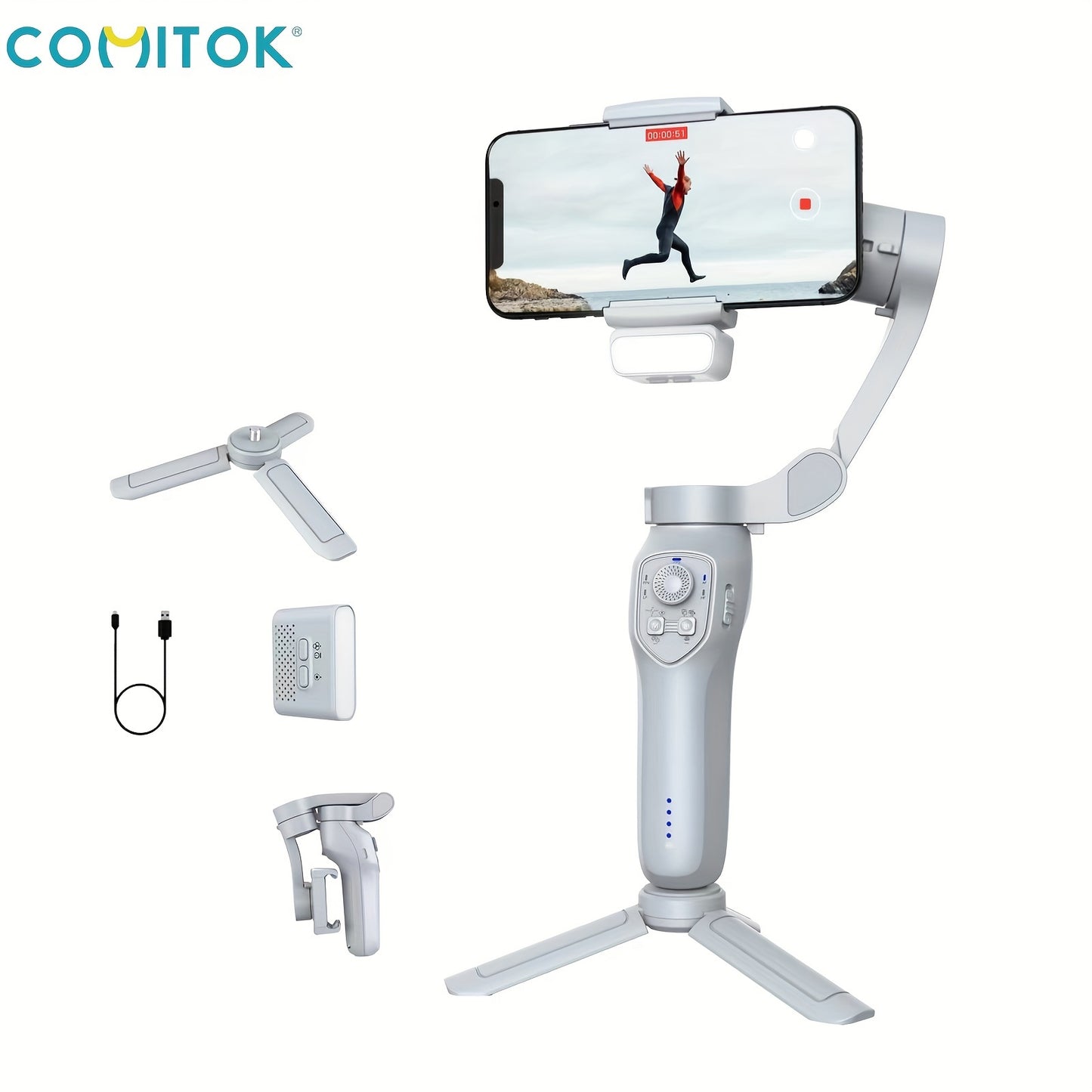 COMITOK L7Cpro Handheld Gimbal with Smart Gesture Control, USB Charging, 3-Axis Stabilizer, 2550mAh Battery, Polycarbonate Tripod & Monopod, AI Face-Tracking for Vlogging & Live Streaming.