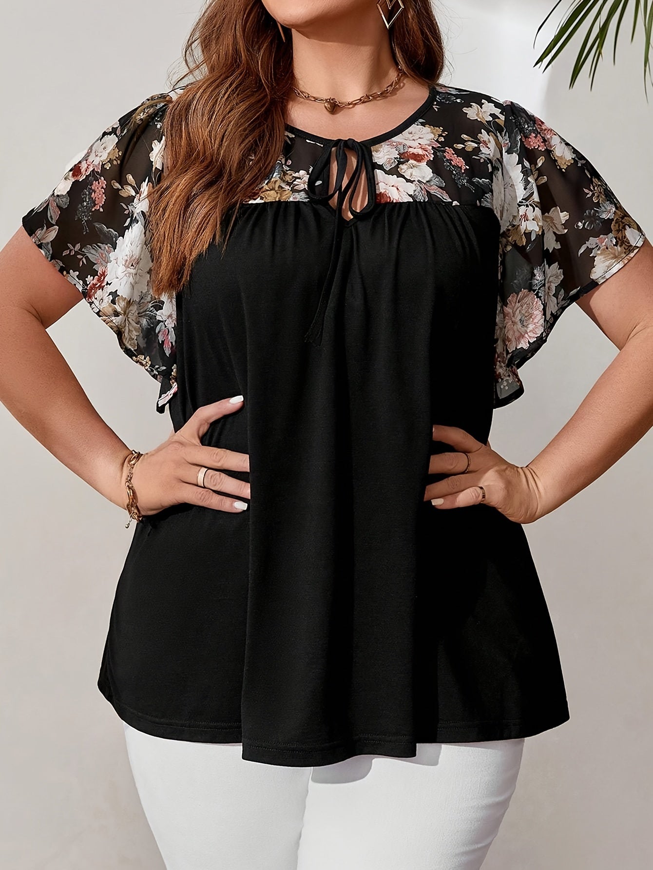 Plus Size Women's Elegant Black Floral Blouse with Tie-Front, Butterfly Sleeves, Lace-Like Fabric - Perfect for Spring & Summer.