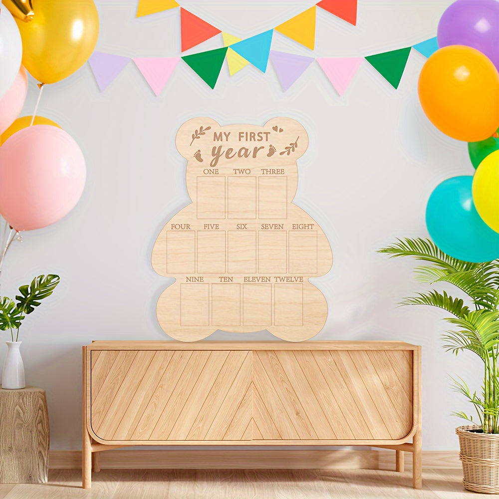 Baby's First Year Milestone Bear Photo Display: 12 Months, Wooden Keepsake Board - Ideal for Boys and Girls.