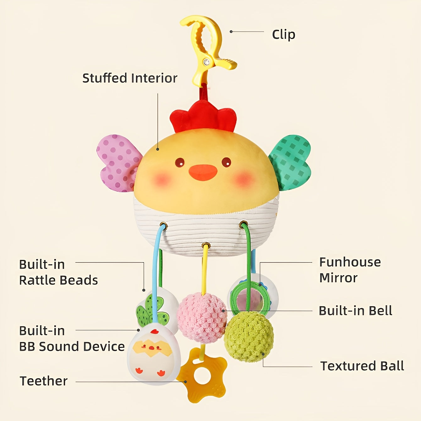 Children's cartoon bed hanging toy with bell, made of nibble-safe polyester, multi-colored, lightweight and portable, with rope and pendant light, easy to carry.