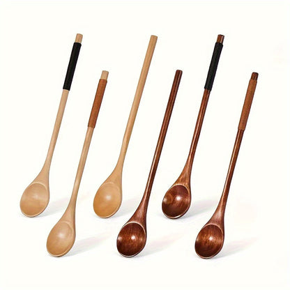 Creative long handle Japanese-style honey stirring spoon with twisted round handle, made from small wooden spoon.