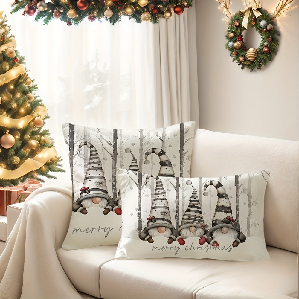 Rustic farmhouse Christmas pillow covers set with gnome snowflake tree design, hand washable polyester, zipper closure. Available in 2 sizes: 29.97cm x 50.04cm & 44.96cm x 44.96cm. Perfect for sofa, couch, living room, and bedroom decor. Pack of 1.