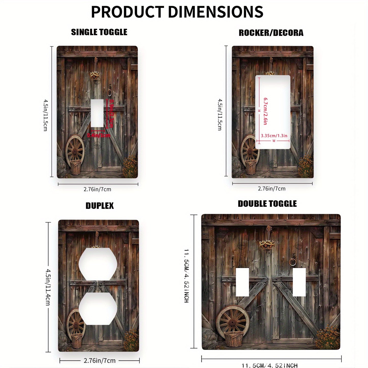 Rustic barn door design light switch cover and outlet covers for kitchen and bedroom electrical decor - single pack available in 1-gang or 2-gang sizes.