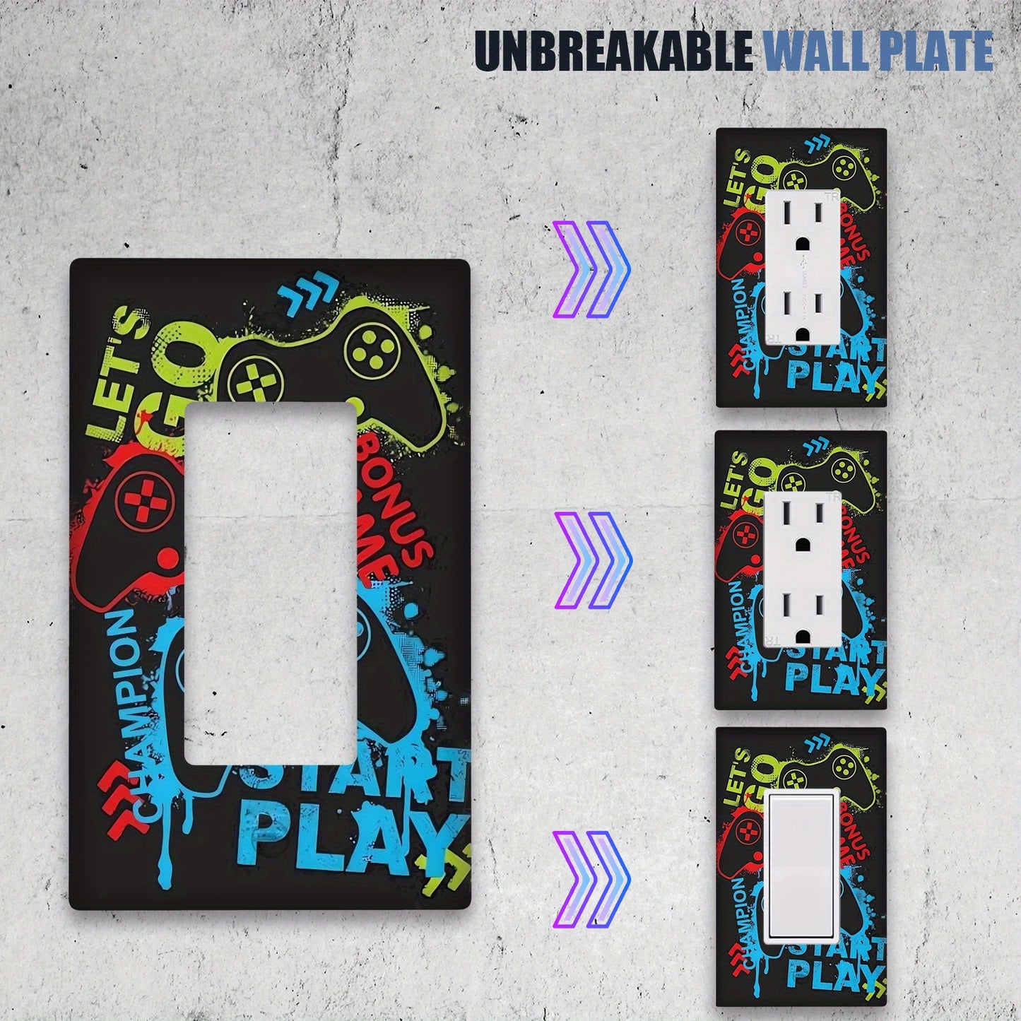 1 video game themed light switch cover plate for gaming room decor, no battery needed, easy to clean - Single or double gang available - Pack of 1.