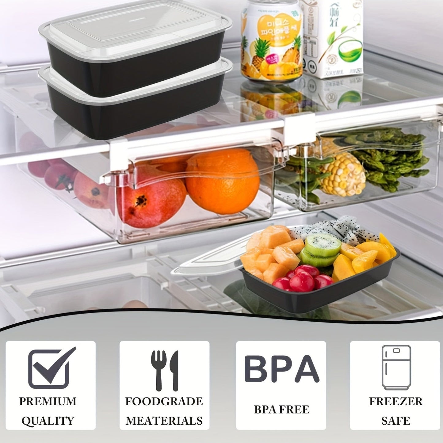 30 pieces of plastic black boxes with lids in 17, 22, and 26 ounce sizes. These rectangular food storage containers are BPA free and come with leakproof covers. They are stackable and microwave-safe, making them ideal for storing food. Perfect for use as