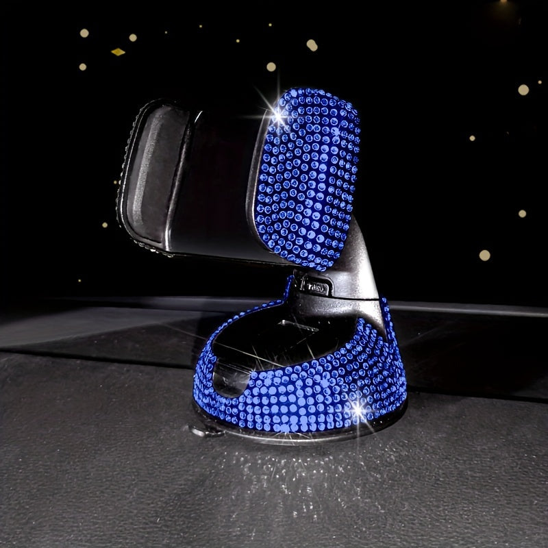 Luxury Rhinestone-Encrusted Car Phone Holder with Sparkling Crystals, Multi-Functional, Rotating Suction Cup Mount for Dashboard & Air Vent in Various Vehicles.