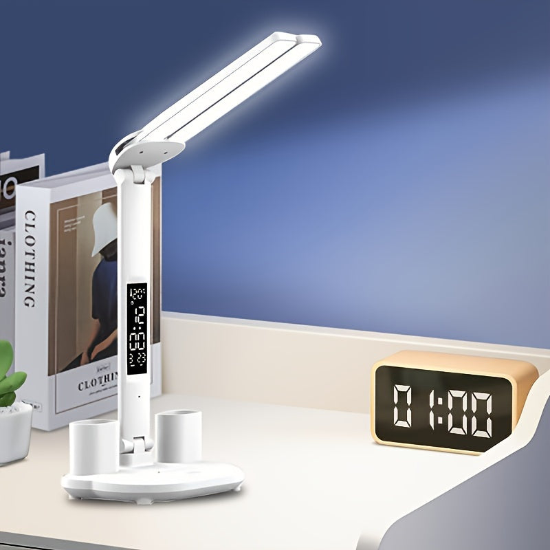 LED desk lamp with eye protection, foldable design, time display, and various functions for use in student dormitories, bedrooms, and workspaces.