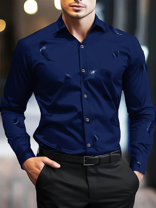 Men's elegant long sleeve shirt with golden feather print, 100% polyester, lapel collar, button details, skinny fit, all-season woven shirting, formal attire, modern tailored fit, durable