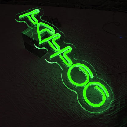 Green Tattoo Neon sign with dimmable LED lights for beauty salon or custom shop, suitable for man caves. Can be powered using USB.