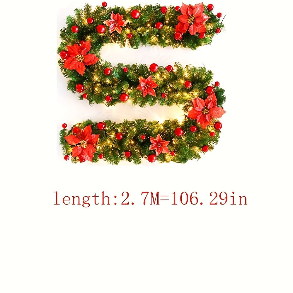 106-Inch PVC Greenery Garland with Red Berries, Pinecones, and Lights for Christmas Fireplace Decor - Festive Plastic Mantel Decoration for Hotel, Mall, Doorway, and Staircase - Battery Powered (AA, Non-Rechargeable)