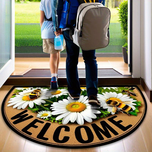 Stylish bee and floral welcome mat for farmhouse decor, available in multiple sizes and non-slip design. Ideal for patio, laundry room, or kitchen.