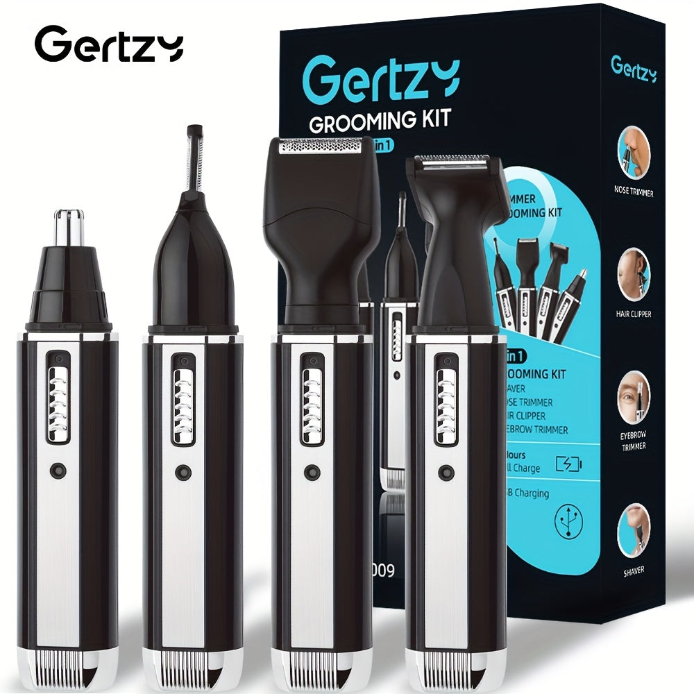 GERTZY 4-in-1 Men's Grooming Kit: USB rechargeable trimmer for nose, beard, eyebrows, and hair. LCD display, painless shaving, perfect gift. Stylish clippers with nickel-based battery.