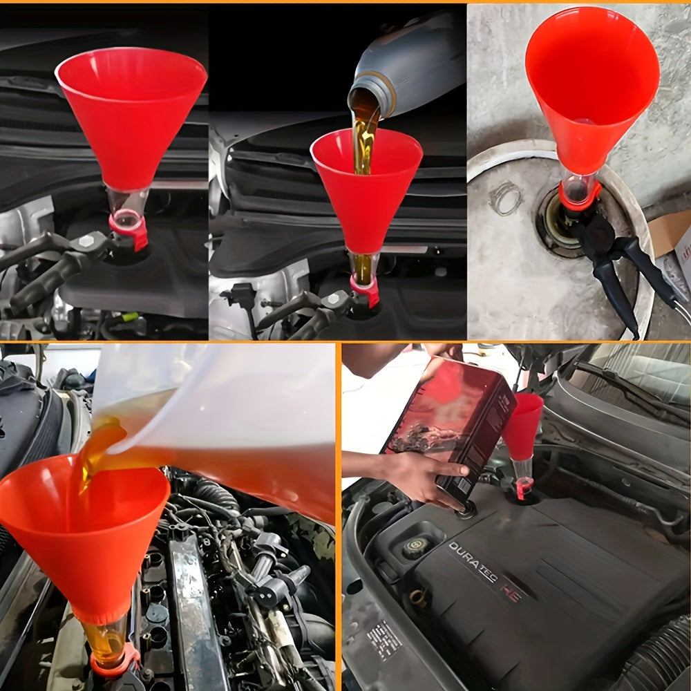 Universal funnel set for car engine oil filling, featuring adjustable width holding clamp and PVC plastic construction for versatile and efficient oil pouring.