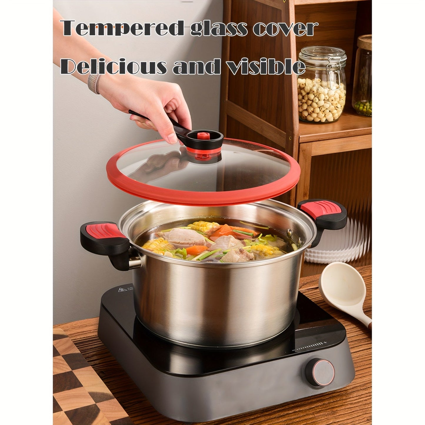 Durable Stainless Steel Soup Pot ideal for Food Processing, featuring a Double Bottom, Glass Lid, and versatile for use as a Stew or Pasta Pot in the Household Kitchen