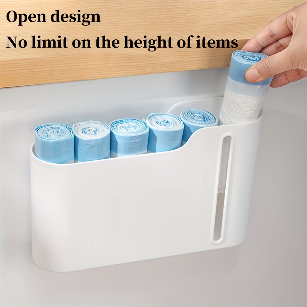 Get organized with the 1pc Plastic Bag Holder! This wall-mounted Garbage Bag Storage Box is a multifunctional Trash Bag Dispenser perfect for storing plastic wrap and roll paper in your kitchen and bathroom. Keep your home tidy with this handy organizer