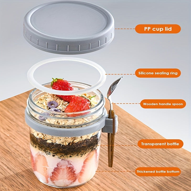 Four pieces of leak-proof storage containers for overnight oats, complete with lids and spoons. These reusable 12 oz glass Mason jars are perfect for storing milk, cereal, fruit, and yogurt. The large capacity airtight jars are essential kitchen