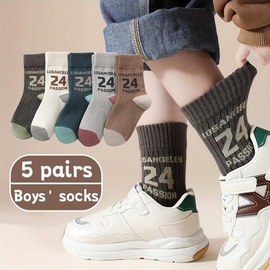 5 Boys' Crew Socks - Polyester Blend with Geometric Patterns, Breathable and Comfortable for All Seasons