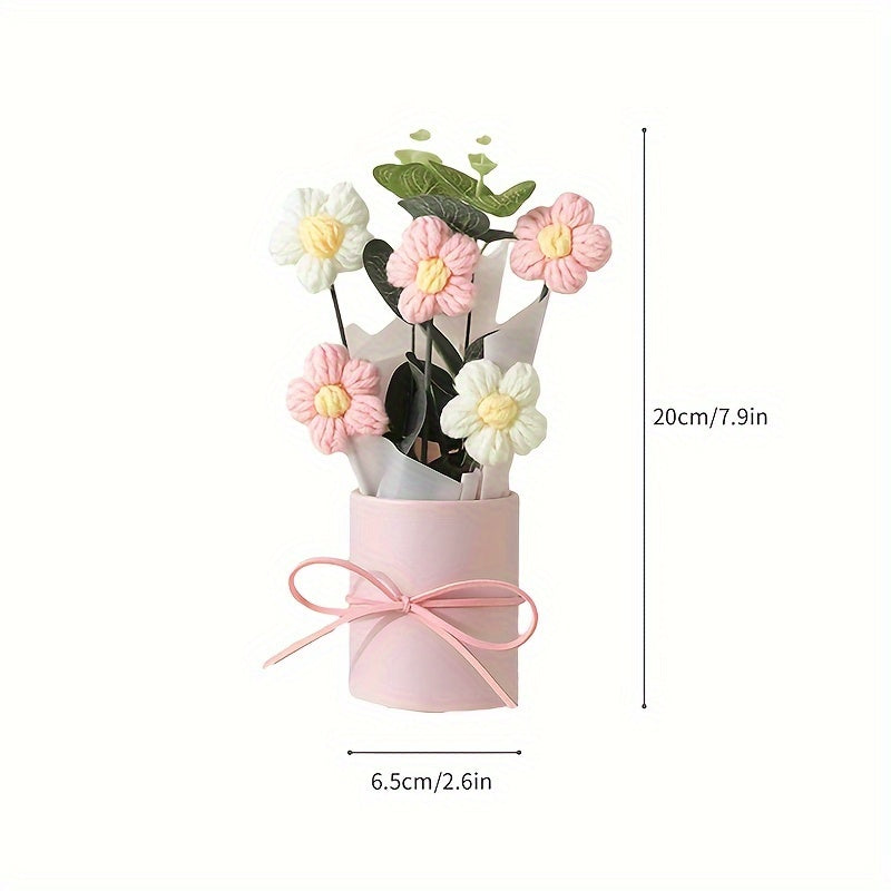 Handmade woven yarn artificial flower bouquet set includes fabric and woven flowers, plastic bucket, wrapping paper, and 5 crochet flowers. Ideal for gifts for mom, friends, or special occasions like Mother's Day, Valentine's Day, birthdays, or home