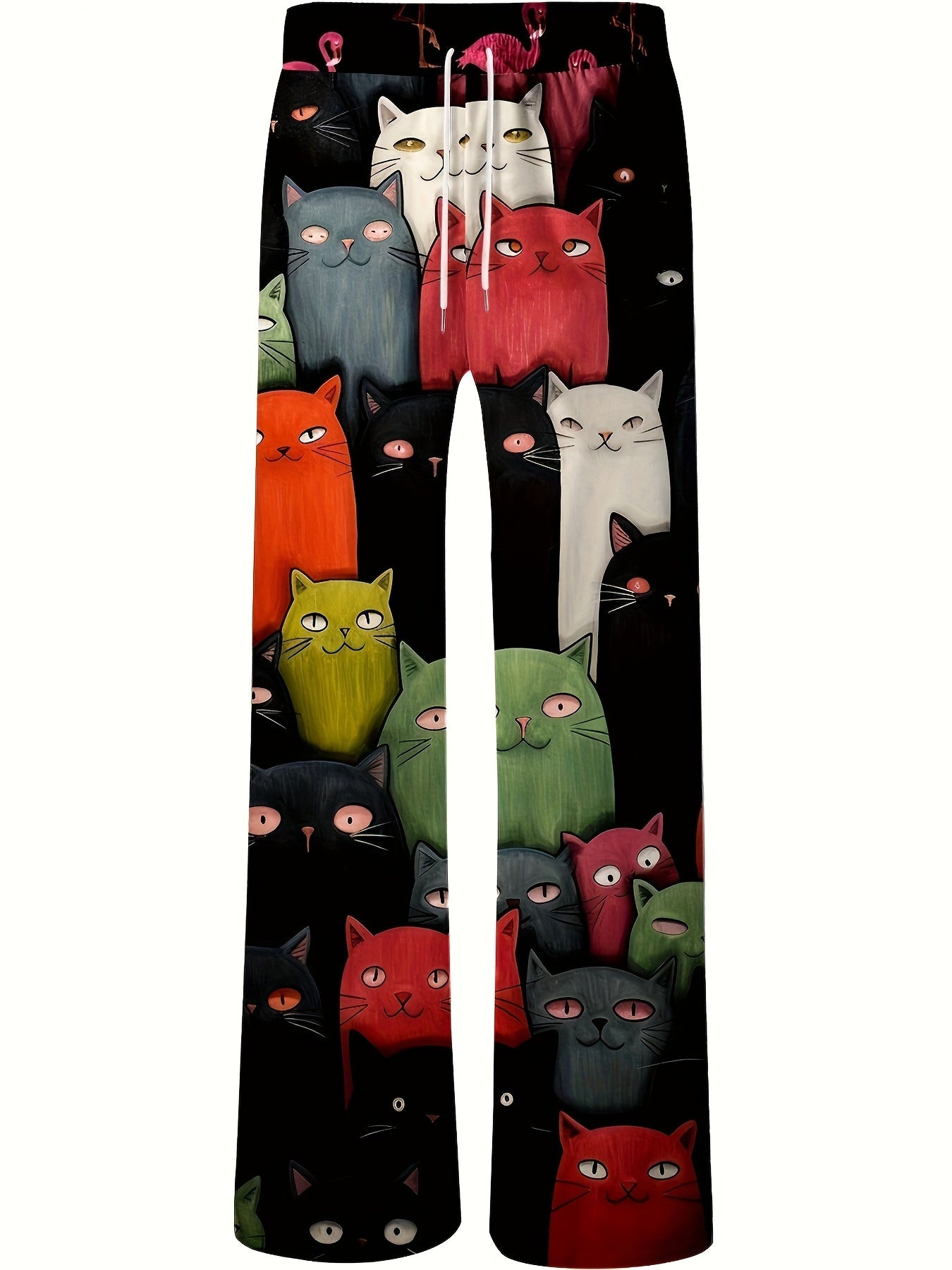 Loose-fitting men's pajama pants with 3D cat print, wide legs, pockets, and breathable polyester.