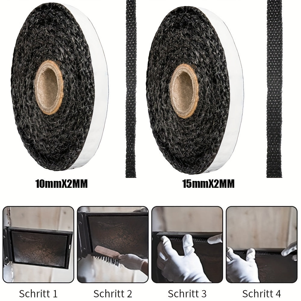 10mm Wide Fireproof Fiberglass Gasket Tape for Wood Stove Door with Self-Adhesive Backing. Available in 2m or 3m Length Options. Ideal for Fireplace Oven Sealing and Heat Resistant Black Spacer Tape.