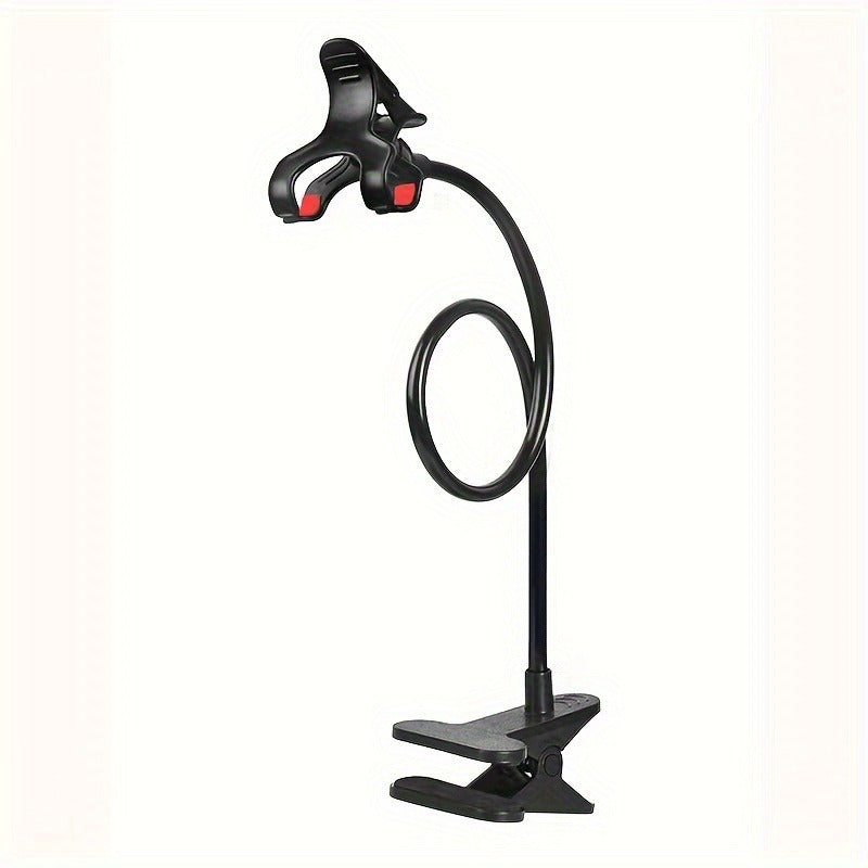 Adjustable gooseneck phone holder with claw clip - flexible stand for smartphone, 360° swivel mount for desk or wall, 63.5cm.