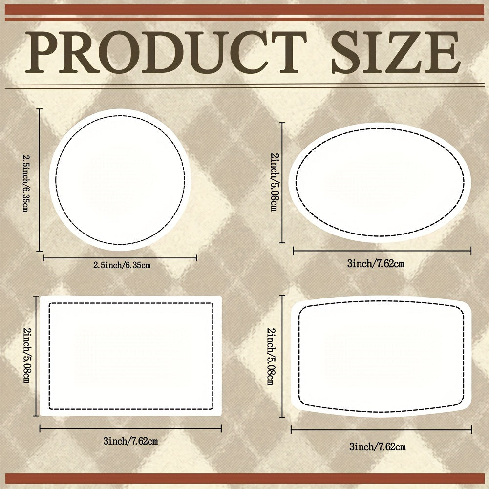 60 pieces of blank leather hat patches with adhesive, laser leatherette material in brown. These faux leather patches are perfect for hats, jackets, and backpacks. They come in multiple shapes and mixed styles, including round, oval, rectangle, and