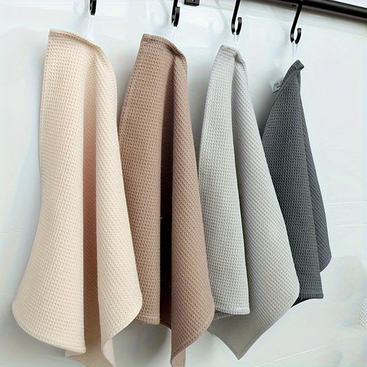 4 Ultra Absorbent Waffle Weave Dish Towels - Thick, Soft Cotton Kitchen Rags for Cleaning & Drying - Modern Square Design