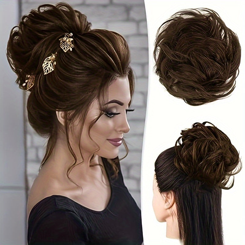 Stylish Women's Claw Clip Messy Bun Hairpiece - Voluminous Body Wave Synthetic Ponytail Extension, Floral and Leaf Design, Party Hair Accessory