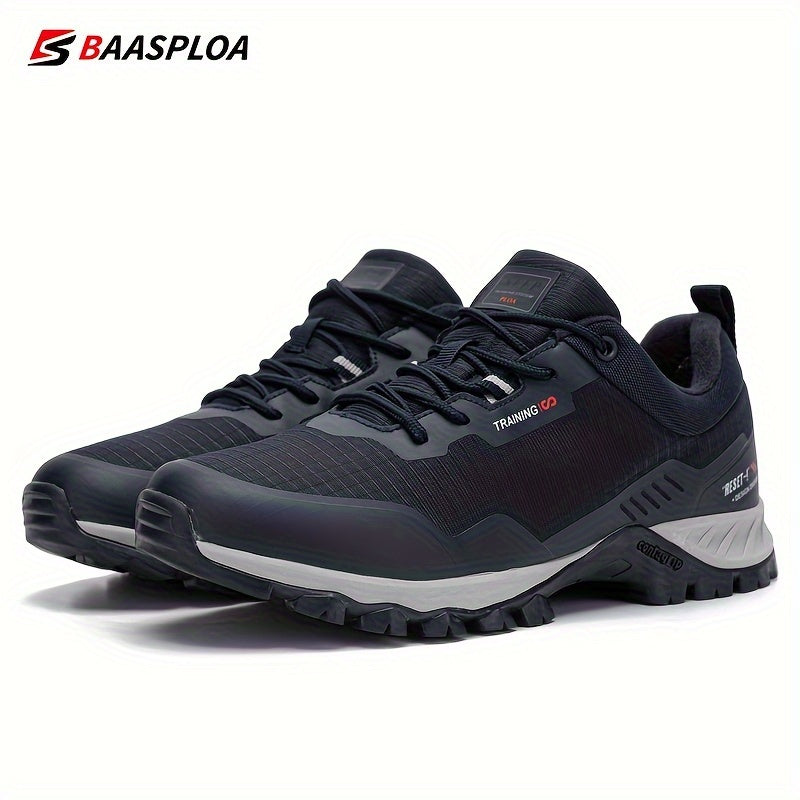 BAASPLOA Men's Low-Top Hiking Shoes in Black with Red Accents - Durable, Waterproof, Anti-Slip, Comfortable PU Insole