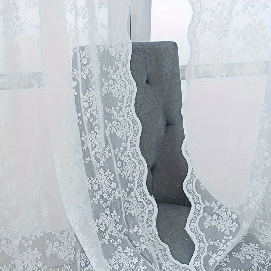 White Lace Window Screen with Double Lace Rod, Solid Color Jacquard Lace Curtain, and White Gauze Curtain - 1 piece