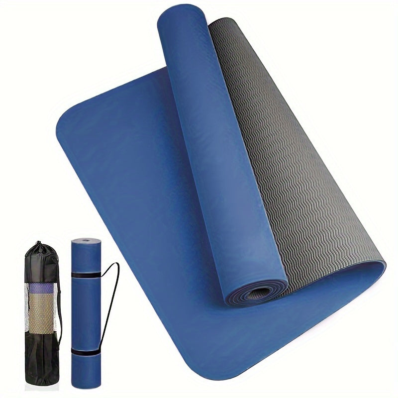 Non-slip yoga mat with textured surface and strap for yoga, pilates, and fitness workouts.