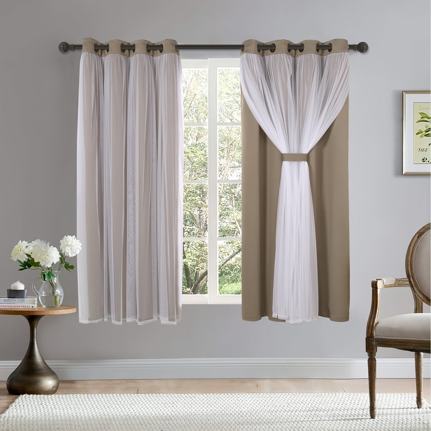 Grey bedroom blackout curtains with white sheer voile double-layered combination, featuring grommet design for easy hanging.