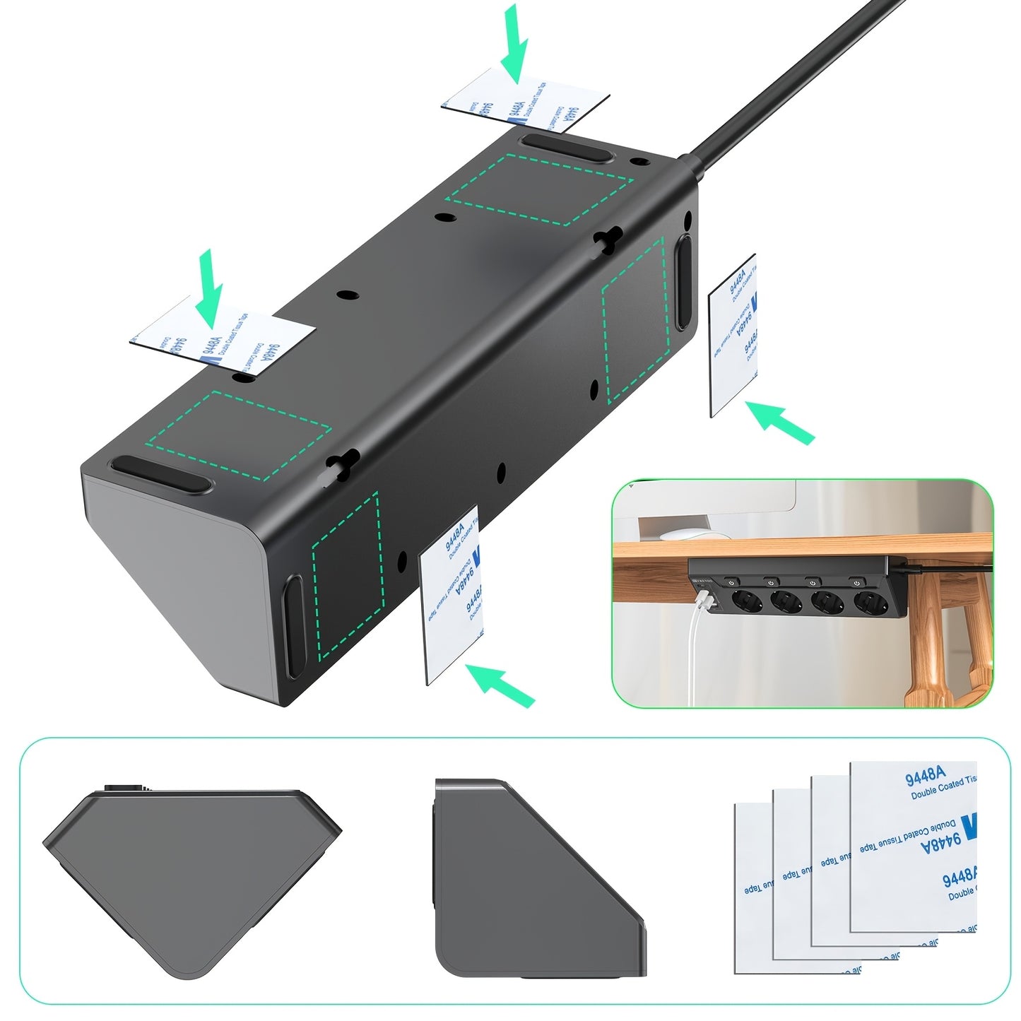 4-tier corner outlet with USB C and USB, wall-mounted and desktop options, multiple outlets with switch, 2m black.