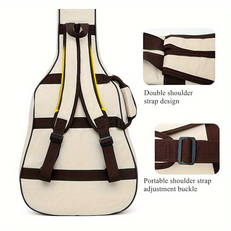 Durable waterproof 10mm padded gig bag for 40/41 inch guitars in beige and coffee colors. Made of 600D Oxford fabric with neck strap, adjustable shoulder straps, and front pocket. Ideal for