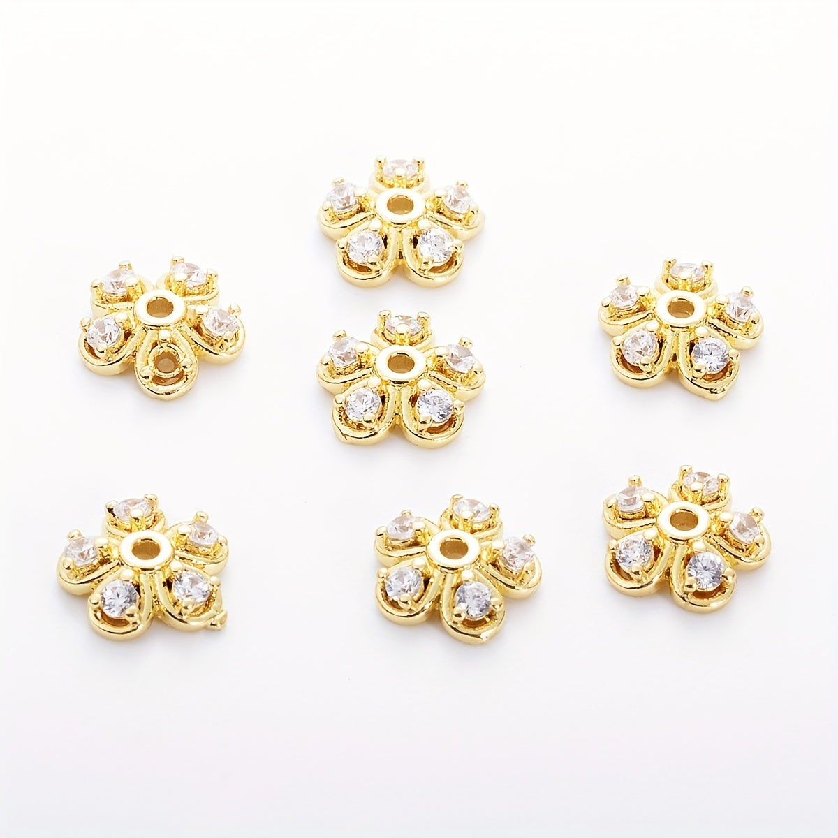 Brass Flower Bead Caps with Synthetic Cubic Zircons - Set of 20 pieces in a bag, including 10mm, 8mm, and 6mm sizes. Perfect for creating stunning jewelry pieces.