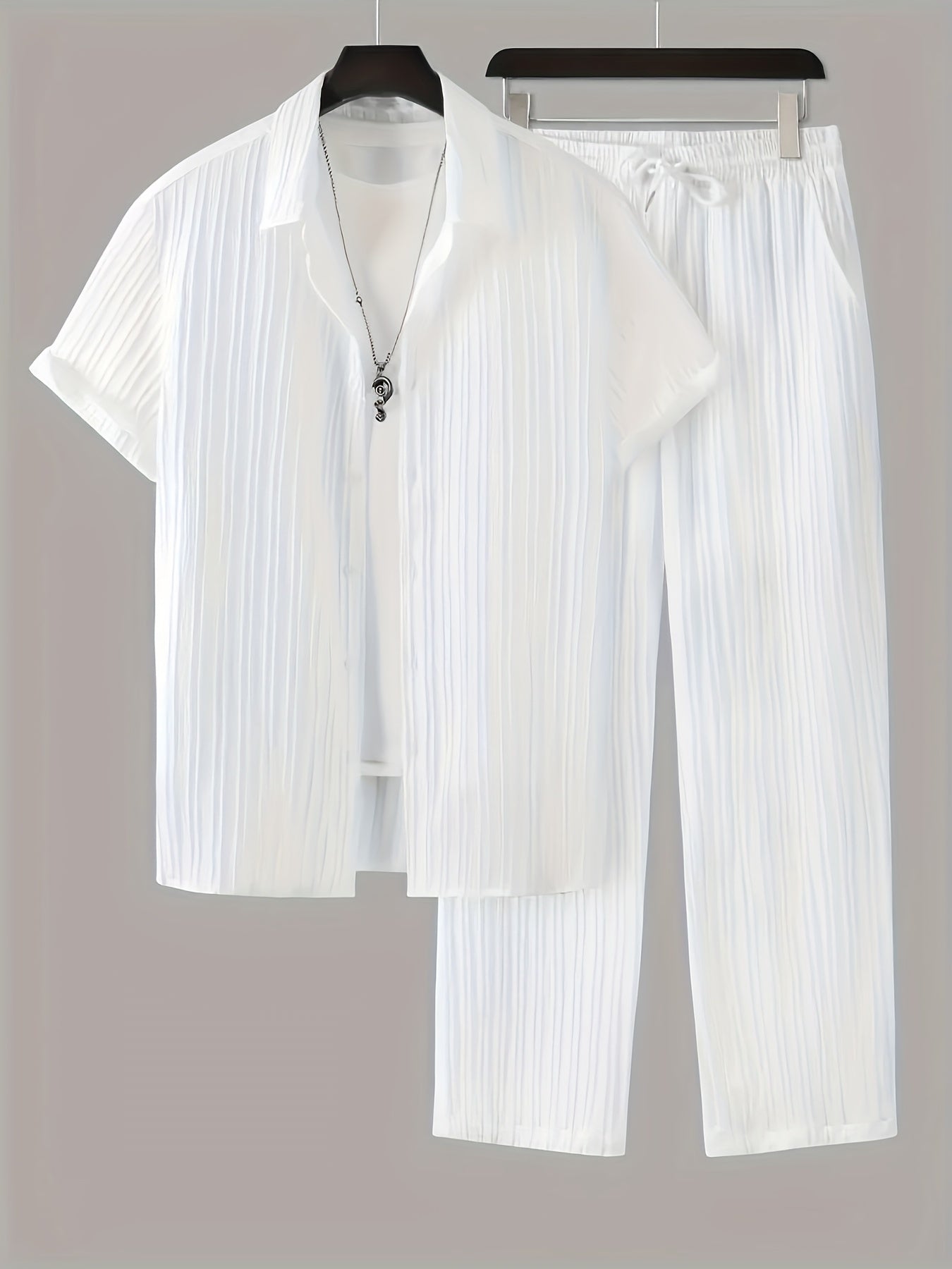 Men's striped cardigan and trouser set for casual wear.