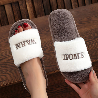 Women's Plush Faux Rabbit Fur Slippers in Soft Pink & Grey with "Home" Detail, Cozy Open-Toe Slip-On Design for Indoor Comfort. Luxurious House Shoes for Lounge or Bedroom.